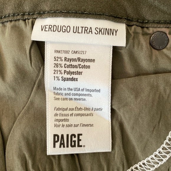 Paige Verdugo Ultra Skinny Jeans Army Green Luxe Coating Women's Size 31 - Picture 12 of 12